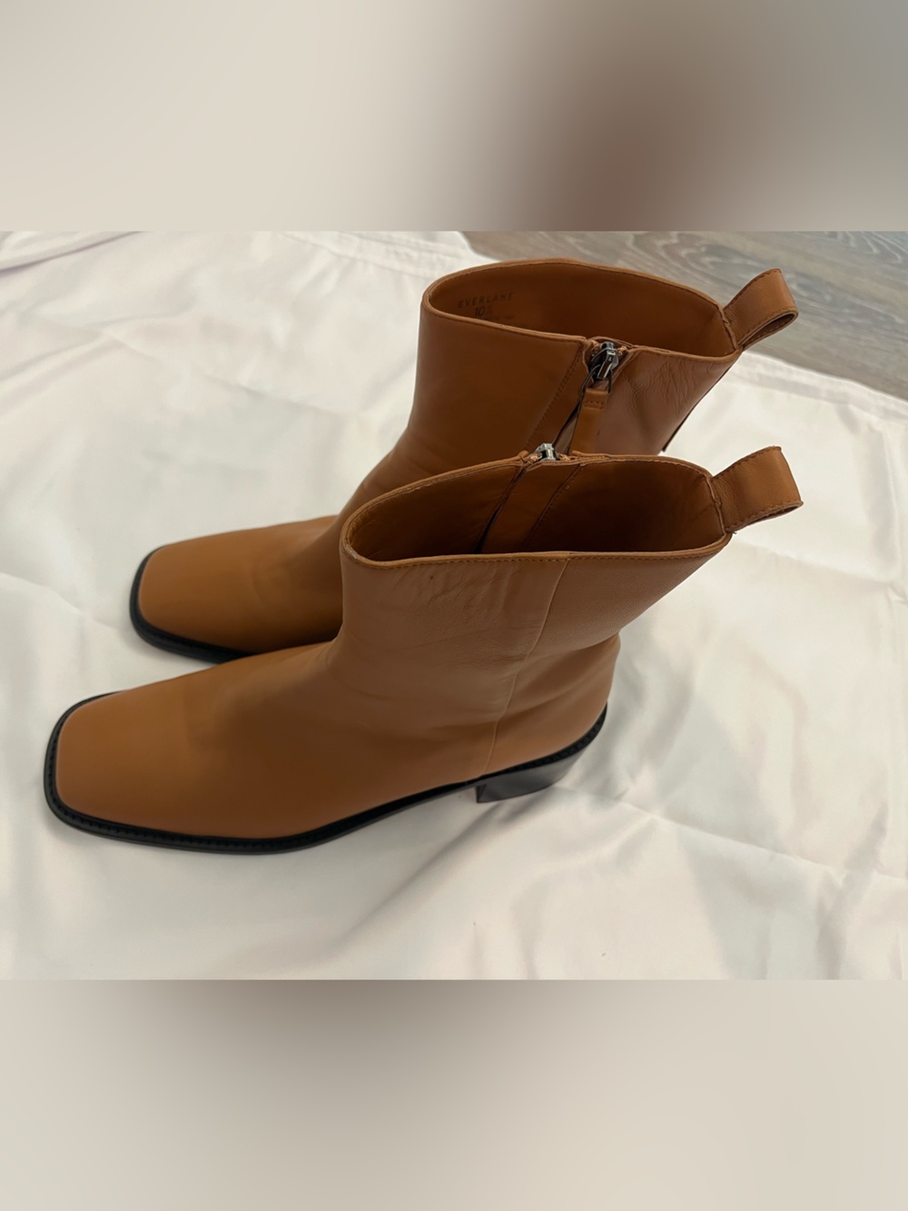 Everlane Cognac Leather Square-Toe Ankle Boots